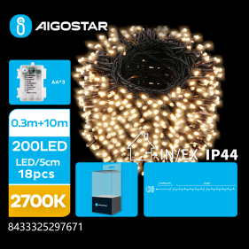 Obrázok pre LED Vianočné osvetlenie - reťaz, 200 diód, 10m, IP44, 3xAA - Teplá biela - 8 módov svietenia