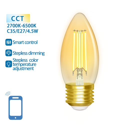 Obrázok pre SMART LED žiarovka E27 4,5W/470lm , svieca C35 LED vlákno AMBER , CCT